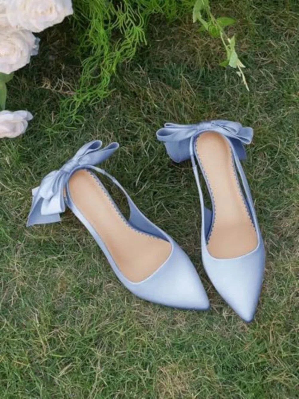 Satin Slingback Pumps with Bow Closed Pointed Toe Stiletto Heels